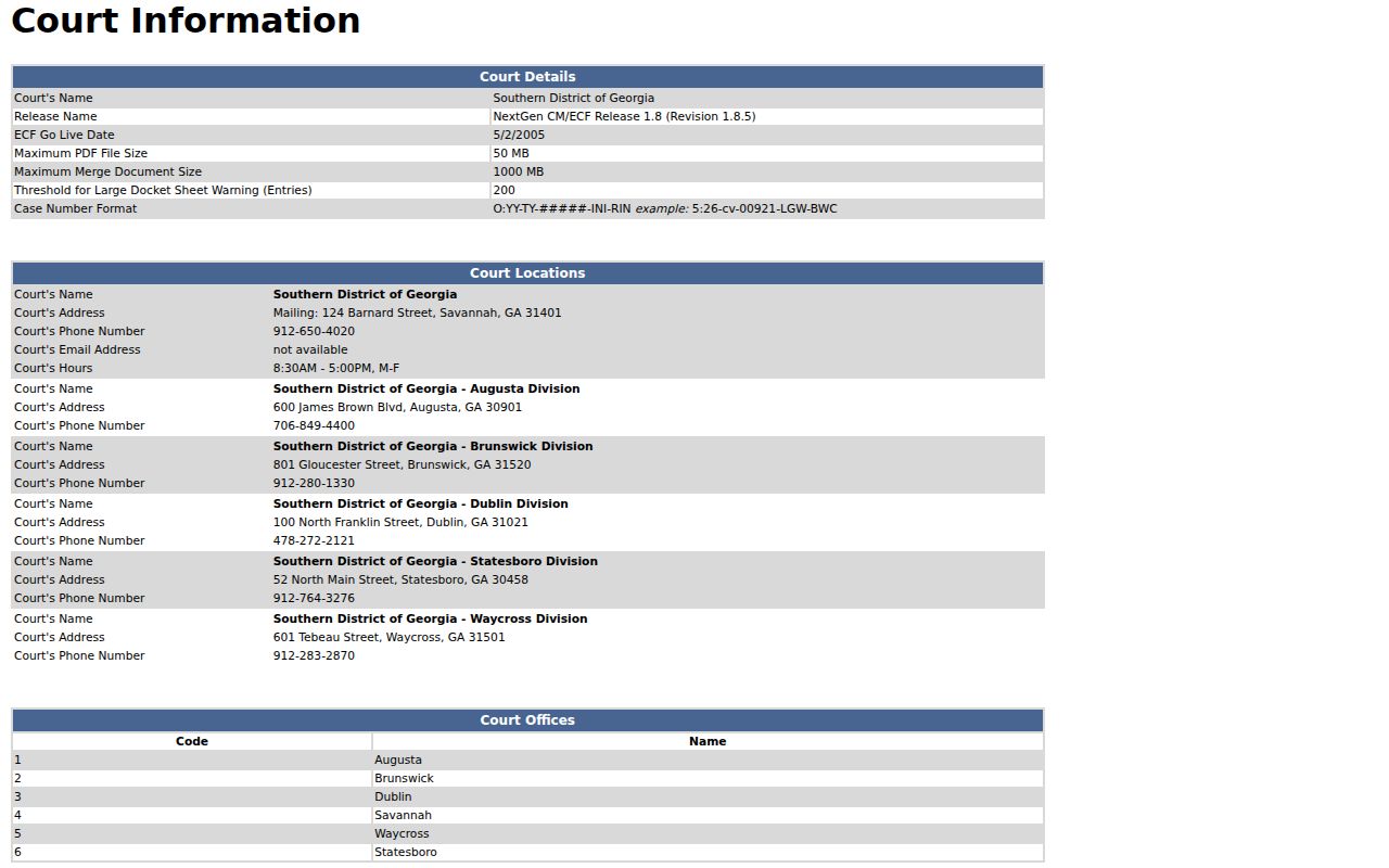 Coffee County case search distinction showing the Waycross federal CM/ECF court information page