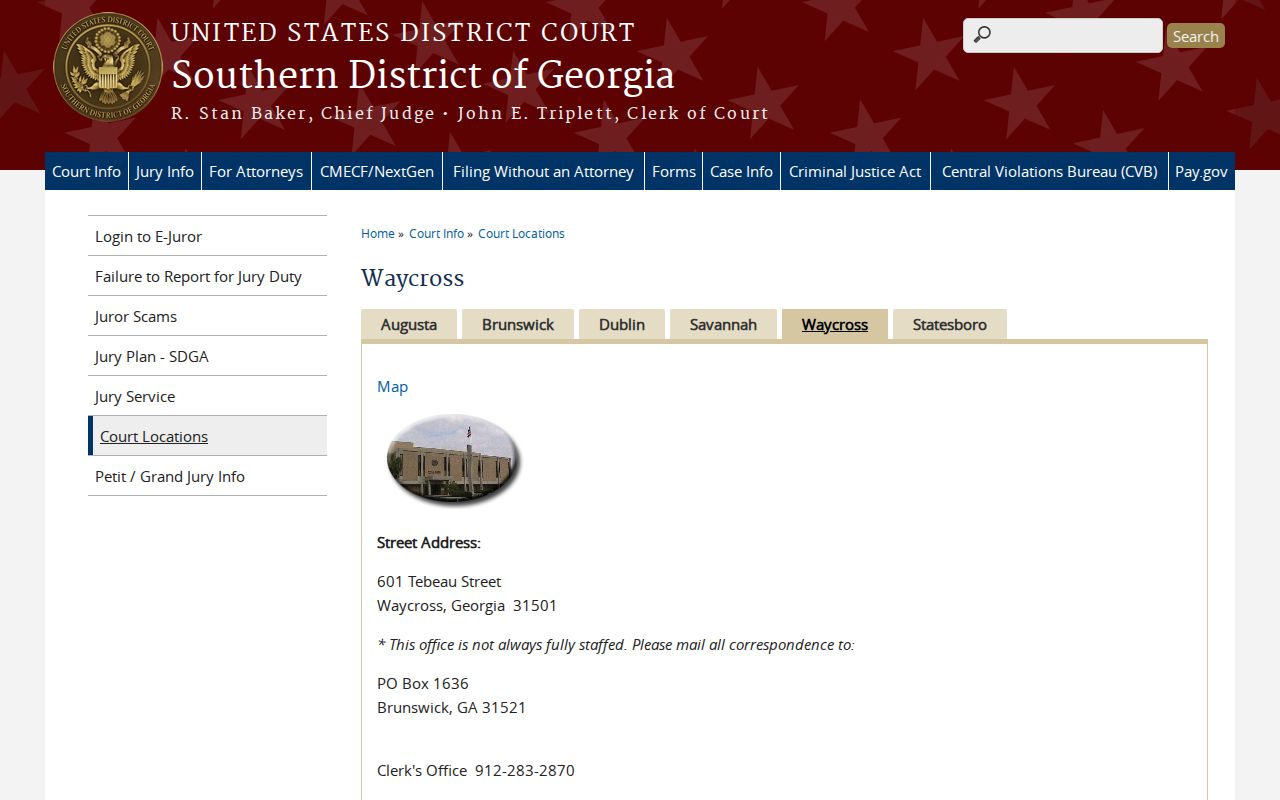Coffee County case search reference showing the Southern District of Georgia Waycross Division page