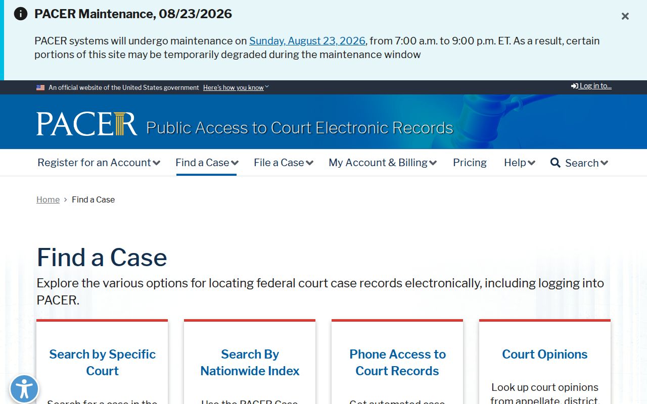 Coffee County case search distinction showing the official federal PACER Find a Case page