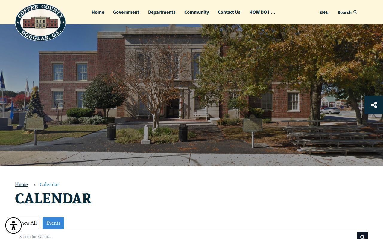 Coffee County court calendar events interface with Search for Events and Show All controls