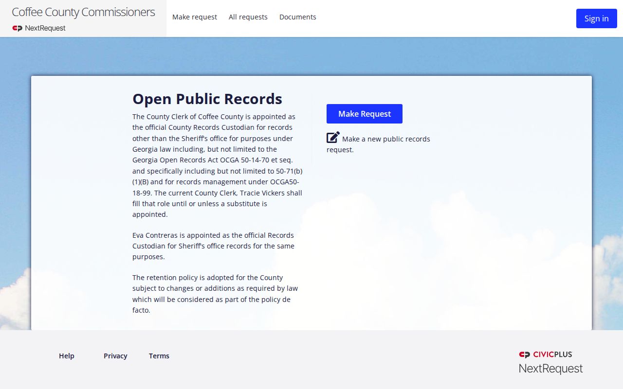 Coffee County court records reference showing the county Open Records NextRequest portal