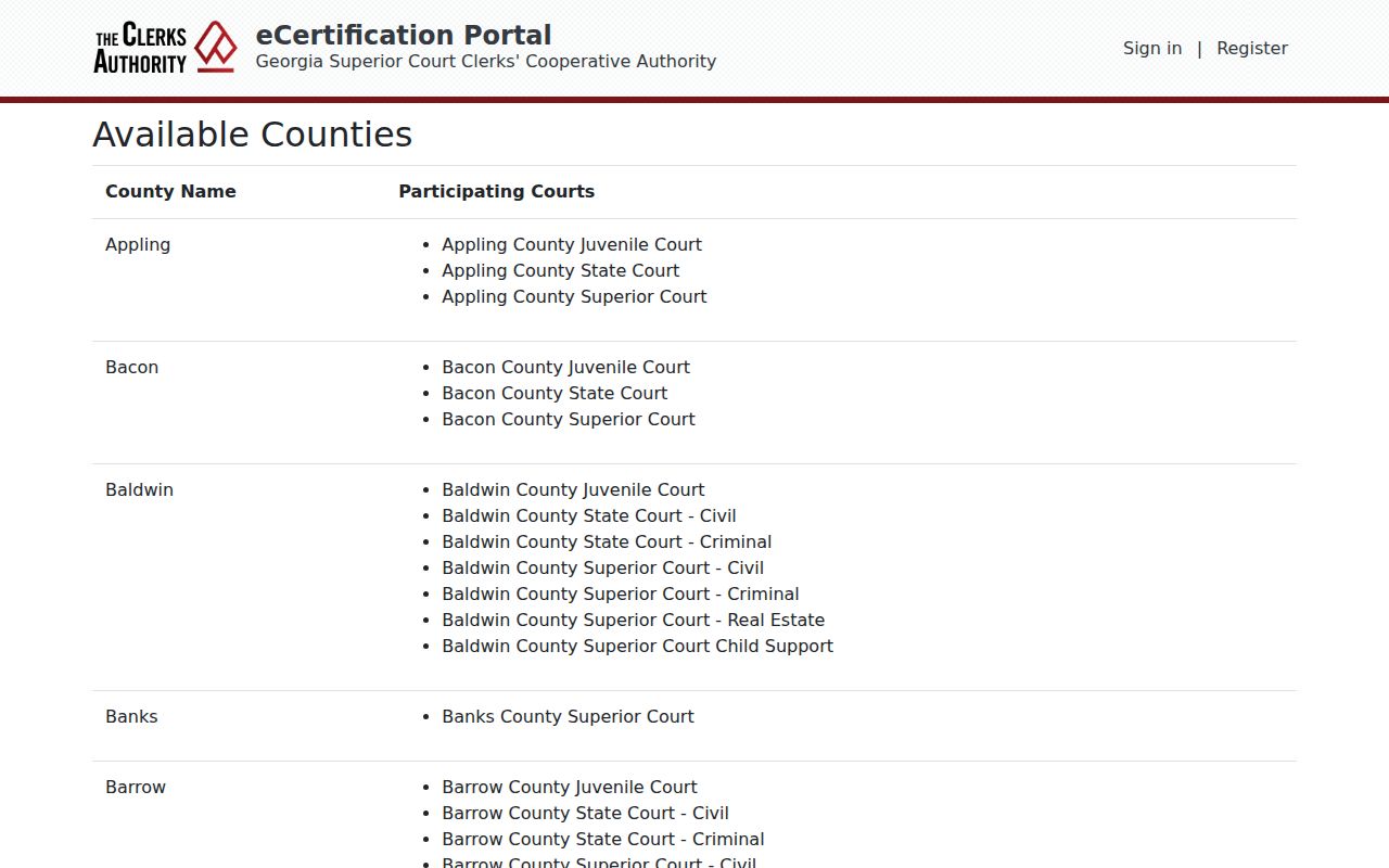 Coffee County court records eCertification list showing participating Juvenile, State, and Superior courts