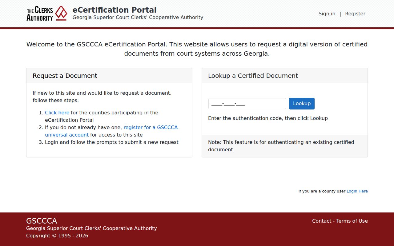 Coffee County court records eCertification account and authentication-code screen