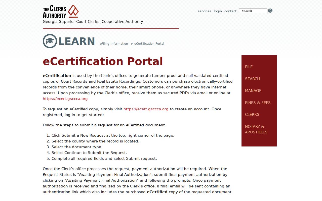 Coffee County court records eCertification workflow from request submission through clerk processing and authorization