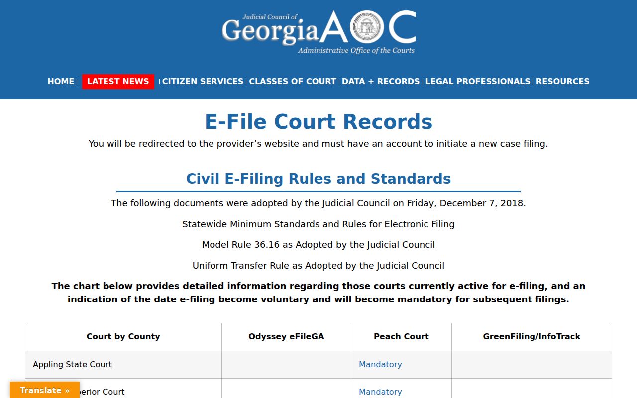 Coffee County court records reference showing the Georgia Courts PeachCourt e-filing chart